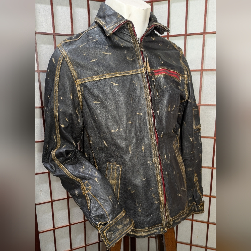 Rouge Distressed Leather Jacket with Red Accents